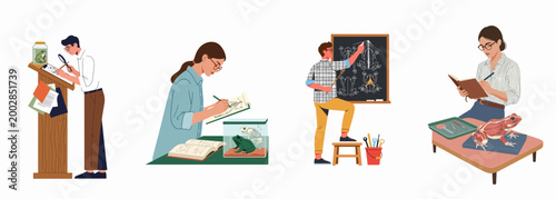 Set of illustrations showing students and scientists studying frog anatomy, dissection, and biology through observation, drawing, and research.