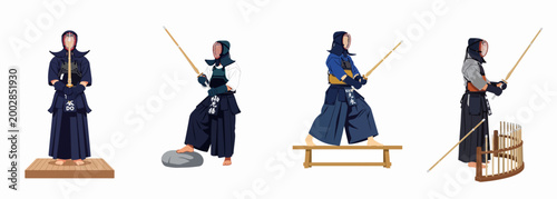 Set of four Japanese Kendo practitioners in traditional protective armor posing with shinai bamboo swords, isolated on a white background.
