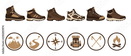 Hiking boots and camping icons set, mountain trekking equipment collection. Outdoor adventure activity footwear silhouettes and travel adventure vector illustrations, brown neutral color palette, flat