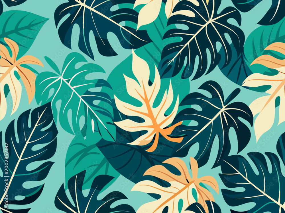 Fototapeta premium Seamless tropical pattern with colorful monstera leaves on a white background.