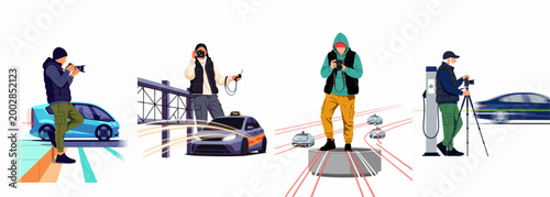 Illustration of photographers capturing futuristic autonomous vehicles, electric cars, and delivery robots in modern urban settings.
