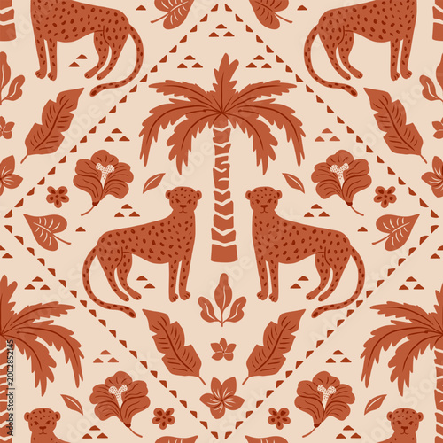 Photography Tropical ethnic seamless pattern with palm tree, leopard, flowers and leaves