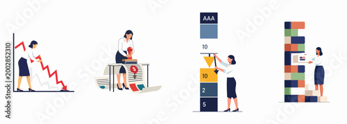 Set of flat vector illustrations depicting various business and economic concepts including financial crisis, inflation, credit rating, and risk management.