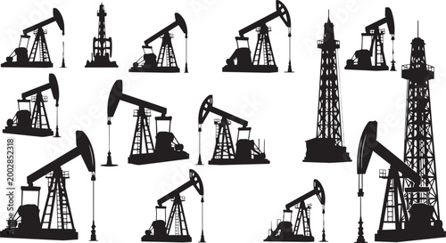 Oil pump jack and drilling derrick silhouettes set industrial vector illustration isolated on white background