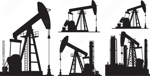 Oil drilling derrick silhouette set energy industry vector illustration isolated