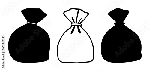 Money bag set with black silhouette against white background featuring financial wealth, currency, savings with banking and investment