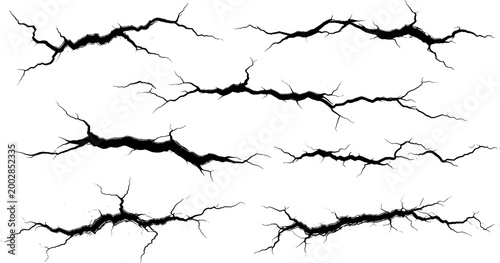 Cracked ground texture set with realistic fracture lines, broken surface elements for grunge design and earthquake damage illustration