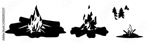 Campfire set with black silhouette against white background featuring fire, smoke, flames with night, wilderness and woodland