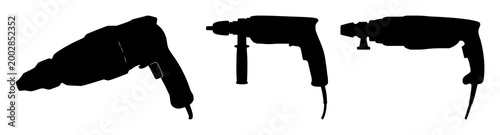 Electric drill set with black silhouette on white background featuring drill, tool, power with wood and metal with mechanical, hardware