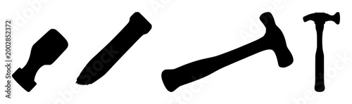 Hammer set with black silhouette on white background featuring tool, construction, hand tool with metal and wood and wooden handle