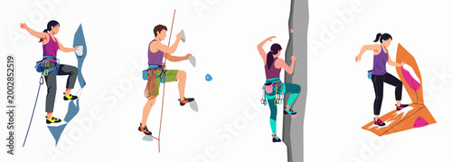 Four flat vector illustrations of male and female climbers practicing rock climbing and bouldering with harnesses, ropes, and specialized gear on white background.