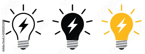 Electric light bulb icon set with lightning bolt, outline, solid, and yellow flat style, clean vector illustration for energy, power, electricity, innovation, and smart technology
