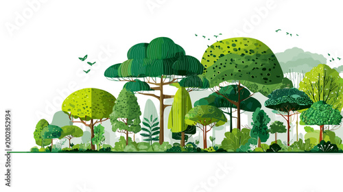 Forest Symphony: A vibrant ensemble of trees and diverse foliage creates a harmonious symphony of life and ecological balance, celebrating the beauty of the environment