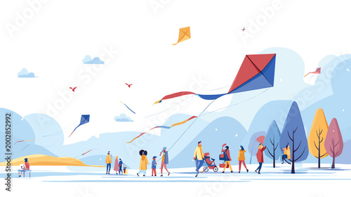 Kites in the Sky: Amidst a vibrant, illustrated park scene, families and individuals joyfully fly colorful kites on a breezy day, capturing the essence of outdoor recreation and leisure.
