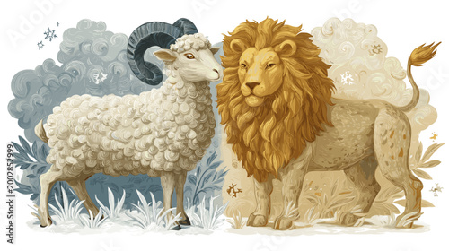Zodiac Companions: A stylized illustration depicting a ram and lion, embodying zodiacal symbolism, in a gentle embrace, set against a backdrop of soft hues and ethereal details.