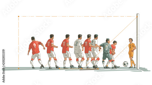 Soccer Players in Action: Capturing the intense focus and synchronized motion of a soccer team in pursuit of a goal. The dynamic illustration showcases the fluidity and precision of the sport. 