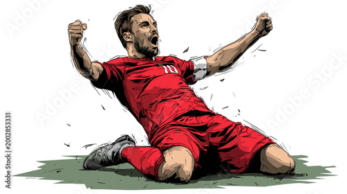 Triumphant Moment on the Pitch: A passionate athlete, consumed by the exhilaration of victory, celebrates a pivotal moment on the sports field.