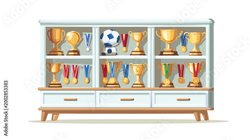 Trophy Showcase: A detailed illustration captures a cabinet adorned with trophies and medals, symbolizing achievement and success. 
