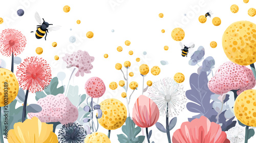 Floral Bliss: A vibrant scene featuring an array of colorful wildflowers and industrious bee, creating a delightful dance of nature's beauty and pollinating wonder. 
