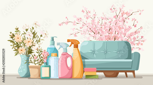 Spring Cleaning Essentials: An array of cleaning supplies and floral arrangement next to the couch with the backdrop of blossoms, portraying a fresh start.