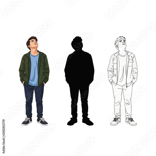 Set of three vector illustrations of a young man looking up, featuring a full color drawing, a black silhouette, and a line art version, wearing a green jacket and blue pants.