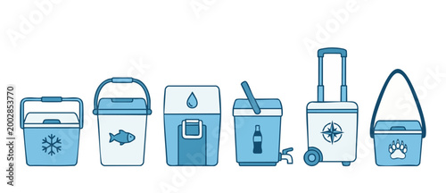 Portable Cooler Box Icons Set for Camping, Picnic, and Outdoor Travel Gear. Blue flat line illustration of different thermal ice chests, drink containers, and beverage storage equipment isolated on wh