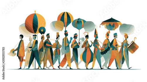 Festival Procession in Harmony: A vibrant illustration depicts a cultural festival procession, showcasing diversity in costumes and headgear while embodying the spirit of harmony and community.