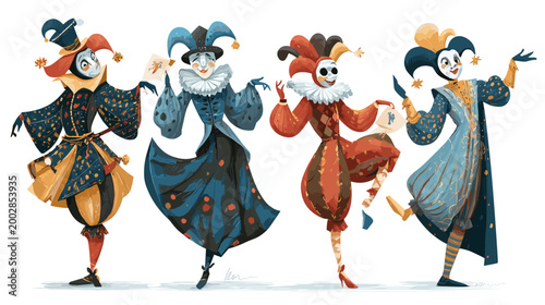 Comic Jesters' Parade: A vibrant illustration showcasing a quartet of playful jesters in ornate costumes, their expressions radiating amusement, poised in a lively parade. 