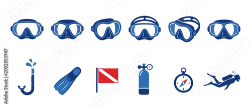 Scuba Diving Icons Set Featuring Masks Fins Snorkel and Oxygen Tank for Underwater Sports and Ocean Exploration Activities in Flat Vector Design Style for Travel Agencies and Marine Equipment Retailer