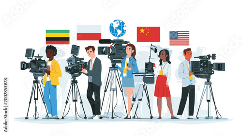 Global News Team: A diverse group of news professionals from around the globe, standing alongside cameras and country flags, reporting on events worldwide.