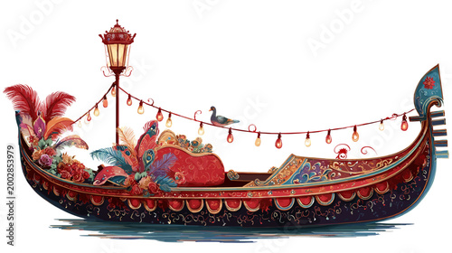 Venetian Gondola: An enchanting illustration of a Venetian gondola, adorned with ornate decorations, sails gracefully, transporting viewers to a realm of timeless elegance and cultural allure.