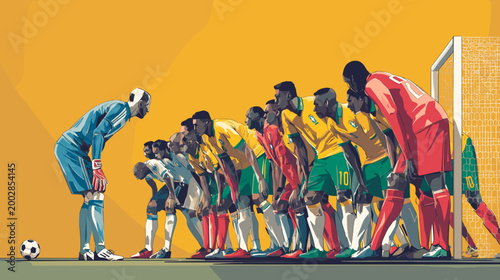 Tense Moment: A dramatic portrayal of a soccer team standing in a row at a penalty kick, highlighting intense concentration and the anticipation of the next play.