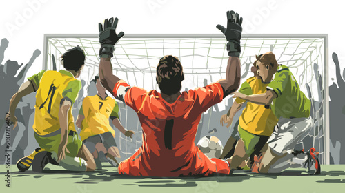Goal Celebration: Illustrating the electric atmosphere of a soccer match, a goalkeeper, despondent, confronts the jubilant goal scorers. A visual symphony of elation and despair.