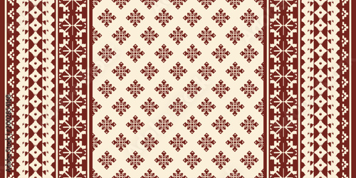Traditional ethnic floral embroidery pattern with beige motifs on red background, inspired by Indian saree textile design, perfect for clothing, carpet, fabric, and fashion artwork.
