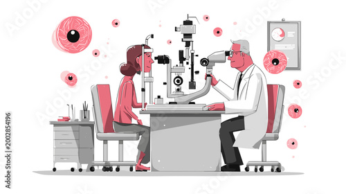 Eye Doctor and Patient: A medical professional conducts an eye examination on a patient, employing specialized equipment, ensuring thorough vision care, and medical treatment. 