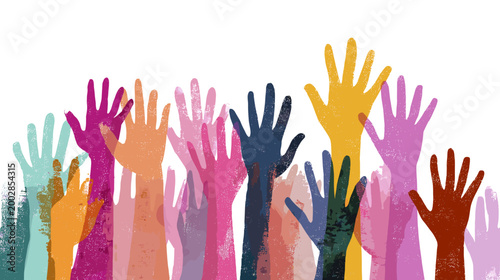 Vibrant Collective of Hands: An illustration of a multitude of hands, raised high with open palms and a rainbow of hues, symbolizing unity, support, and active engagement.