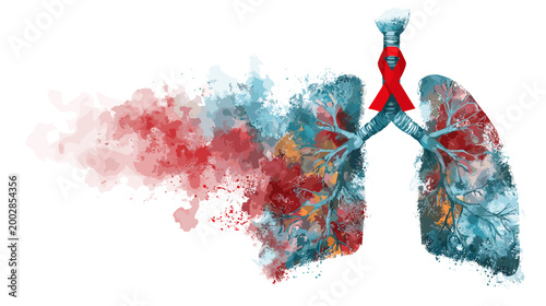 Lungs illustration: This conceptual illustration portrays the human respiratory system, highlighting the lungs with a ribbon symbol.