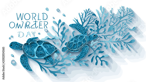 World Water Day Celebration: An artistic and emotive depiction of the ocean's gentle guardians swimming amid marine plants, symbolizing the essence of World Water Day.