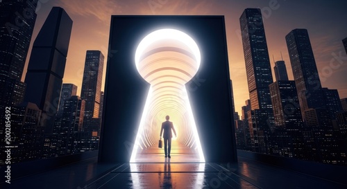 Man walks through a giant keyhole shaped portal into a bright future city.