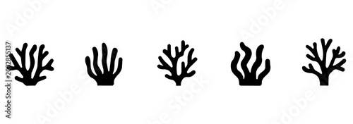 Set of coral reef silhouettes, ocean coral silhouettes and underwater plants. Isolated silhouette pack.