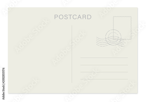 Blank postcard with  stamp. Mockup realistic postcard. Vintage travel card template.