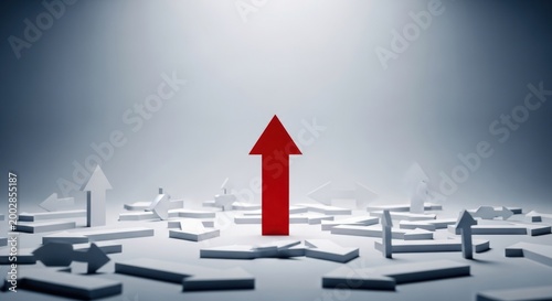 Red Arrow Leading Through Maze of White Shapes.