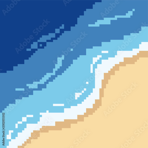 Retro Pixel Art Ocean Waves on Sandy Beach. Decorative design.