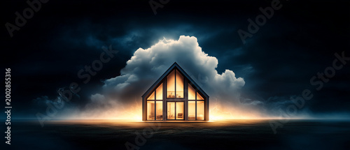Dramatic Residential House with Fiery Explosion in Background