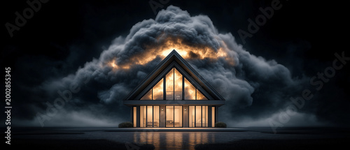 Dark House Facade Against Intense Orange Explosion Cloud