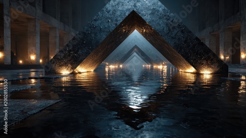 Dark, reflective, geometric space