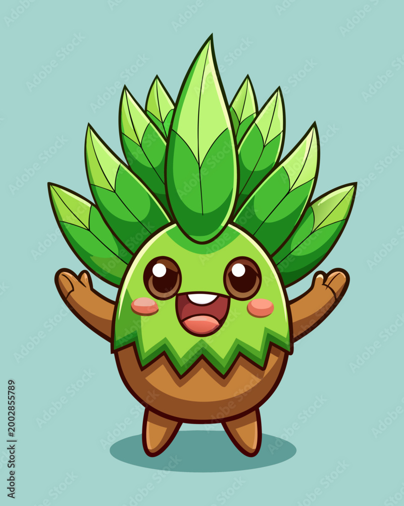 Fototapeta premium Cute leaf monster character with a wide smile and arms outstretched