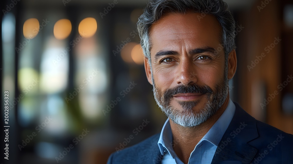 Obraz premium Man with gray beard smiles in a stylish setting during the daytime in a modern indoor space