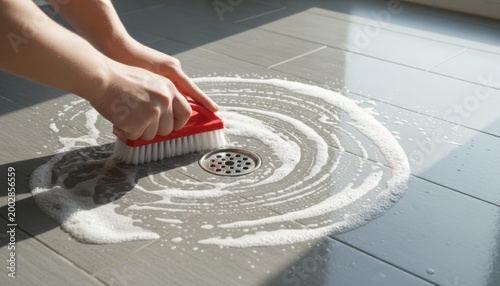 Scrubbing away dirt with a vibrant red brush on a tiled bathroom floor during a refreshing clean