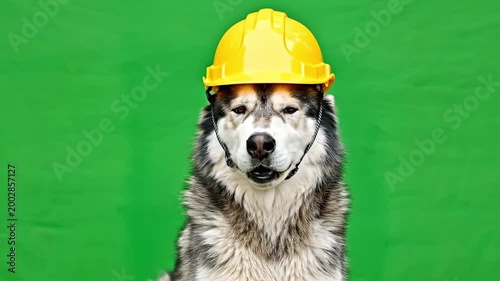 Alaskan Malamute dog wearing a yellow hard hat on a green background, looking directly at the camera.